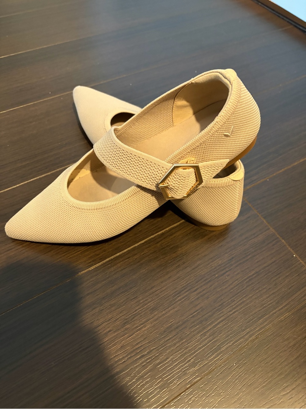 Pointed Toe Mary Jane Flats with Hexagon Buckle in Beige